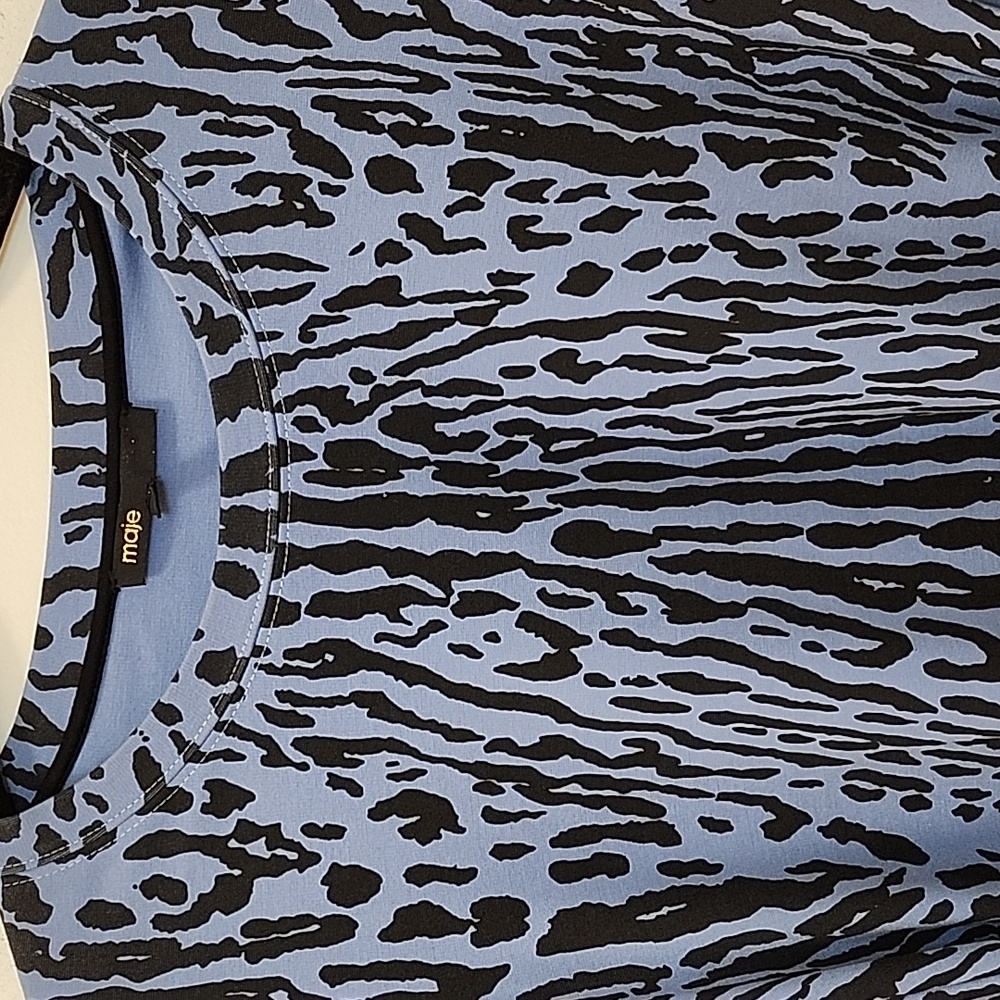 Maje Blue Black Animal Print Short Sleeve Mini Belted Dress Small - Picture 6 of 16